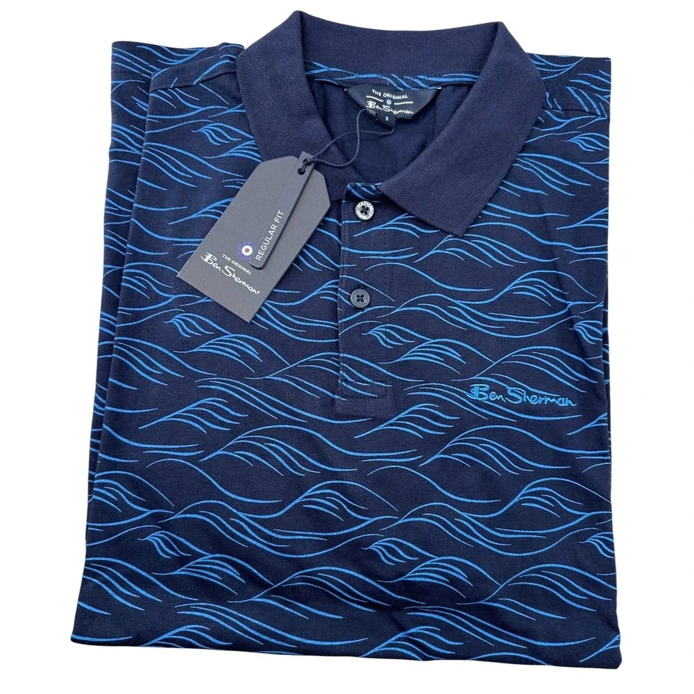 Ben Sherman Polo Shirt Short Sleeve Marine Blue Wave Men's Small Regular Fit NWT